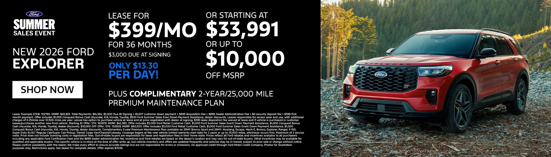 New 2026 Ford Explorer Lease for $399/mo for 36 months