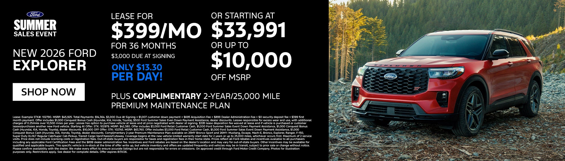 New 2026 Ford Explorer Lease for $399/mo for 36 months